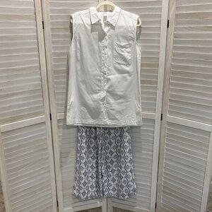 Japna White Sleeveless Top with Blue Patterned Pants Outfit